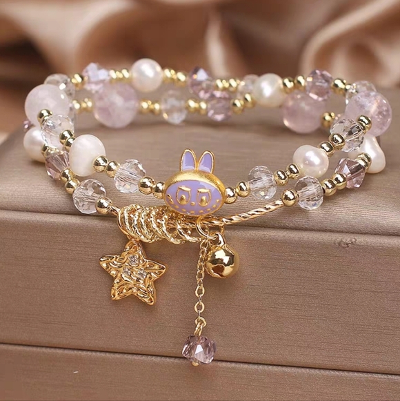 Labubu Inspired Double-Strand Lavender Crystal & Pearl Bracelet - Picture 2 of 8